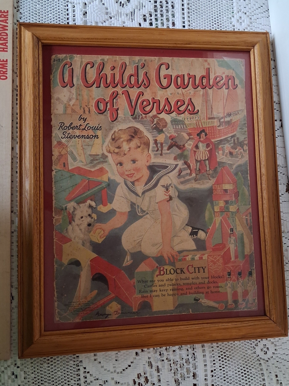 Vintage 1942 Child’s Garden of Verses George Trimmer Framed Book Cover  12"×16